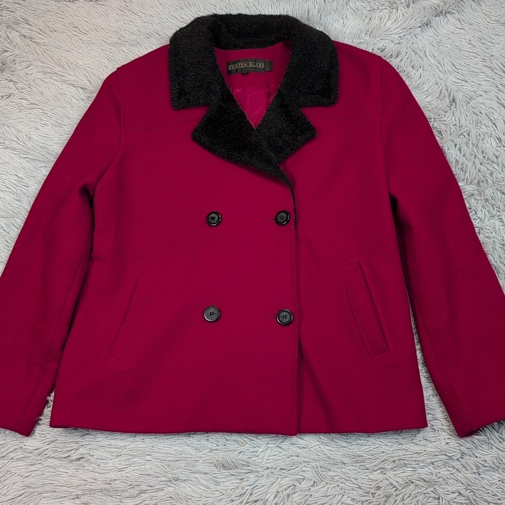 Vintage Kristen Blake Jacket Womens L Red Virgin Wool Blend Coat Pockets Cozy